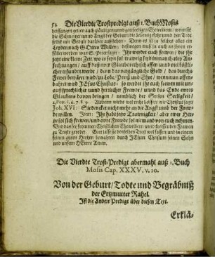 Die Vierdte Trost-Predigt abermahl auß I. Buch Mosis Cap. XXXV. v. 10. Von der Geburt/ Todte und Begräbniß der Ertzmutter Rahel. Ist die Andere Predigt über diesen Text.