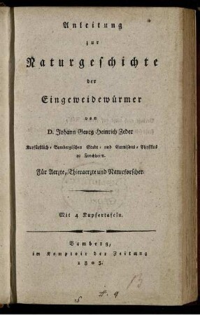 Anleitung zur Naturgeschichte der Eingeweidewürmer für Ärzte, Tierärzte und Naturforscher : Mit 4 Kupfertafeln