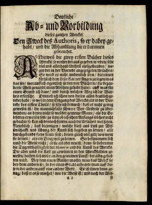 Deutliche Ab- und Vorbildung dieses gantzen Wercks/ Den Zweck des Authoris, so er dabey gehabt/ und die Abhandlung die er darinnen gebrauchet.