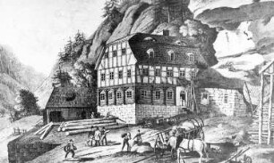 Reinhardtsdorf-Schöna-Schöna. Hirschmühle in der Sächs. Schweiz, Sepiazeichnung von Gustav Täubert, aus: Über Berg und Tal, 22. Jg., Nr. 9, S. 173