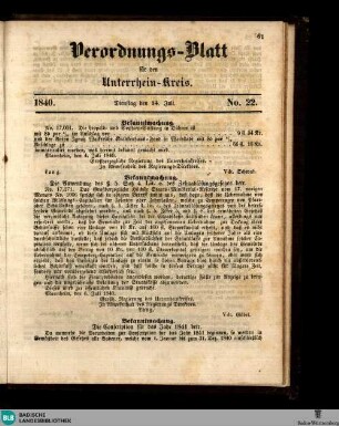 Großherzoglich Badisches Anzeige-Blatt für den Unterrhein-Kreis, Verordnungs-Blatt