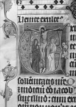 Psalterium Rudnicense — Initiale E mit Kreuzigung Christi mit Maria und Johannes, Folio 58 a