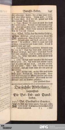 Die sechste Abtheilung, begreiffend Die Bet- Lob- und Danck-Lieder.