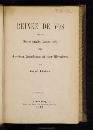 Reinke de Vos : nach der ältesten Ausgabe (Lübeck 1498) : mit Einleitung, Anmerkungen und einem Wörterbuche