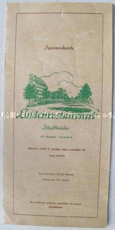 Speisekarte der HO-Gaststätte "Lindenrestaurant" in Berlin (DDR)