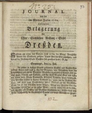 Journal von der im Monat Julio 1760. erfolgten Belagerung der Chur-Sächsischen Residenz-Stadt Dreßden