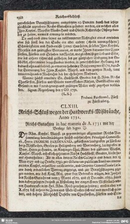 CLXIII. Reichs-Schluß wegen der Handwercks-Mißbräuche, Anno 1731