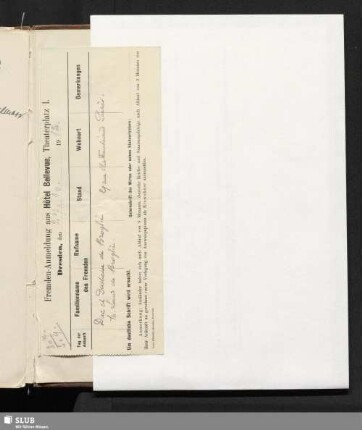 Formular zur "Fremden-Anmeldung aus Hotel Bellevue" vom 27.10.1912