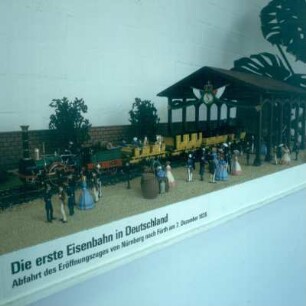 Ausstellungsmodell "Die erste Eisenbahn in Deutschland - Abfahrt des Eröffnungszuges von Nürnberg nach Fürth am 7. Dezember 1835" : Ausstellungsmodell "Die erste Eisenbahn in Deutschland - Abfahrt des Eröffnungszuges von Nürnberg nach Fürth am 7. Dezember 1835"