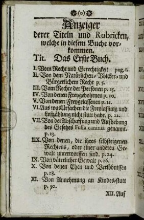 Anzeiger derer Titeln und Rubricken, welche in diesem Buche vorkommen.