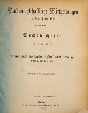 Landwirthschaftliche Mittheilungen : für das Jahr ... ; Wochenschrift. 20. 1885