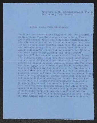 Brief von Hildegard Haussmann an Margarete Hauptmann