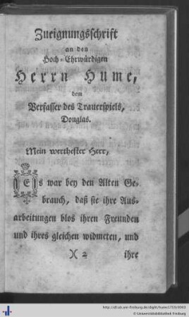 Zueignungsschrift an den Hoch-Ehrwürdigen Herrn Hume...