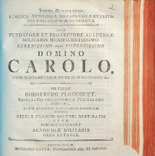 Theses Miscellaneae E Logica, Ontologia, Metaphysica Et Historia Philosophiae Depromtae