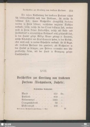 XVII. Vorschriften zur Bereitung von trockenen Parfums (Riechpulvern, Sachets)