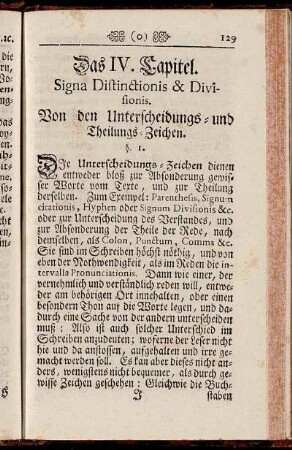 Das IV. Capitel. Signa Distinctionis & Divisionis. Von den Unterscheidungs- und Theilungs-Zeichen.