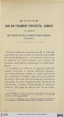 Sér. 5: Notices sur un fragment d'occipital humain provenant des fouilles de la grotte des pigeons (Constantine)