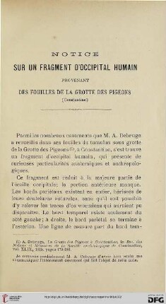 Sér. 5: Notices sur un fragment d'occipital humain provenant des fouilles de la grotte des pigeons (Constantine)
