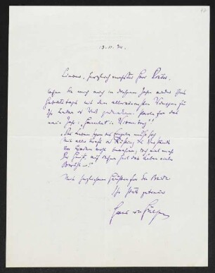 Brief von Hans von Hülsen an Gerhart Hauptmann