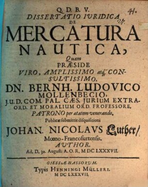 Dissertatio Iuridica De Mercatura Nautica