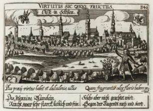 Oels Stadtansicht. Daniel Meißners Sciagraphia cosmica, Oder: Eigentliche Abbildung Achthundert der mehrentheils vornehmsten Städte, Vestungen und Schlösser, so allenthalben in allen Theilen der Welt berühmt sind : Ansicht der Stadt Oels (Ölsse in Schlesien) Abbildung B40 aus: Daniel Meißners Sciagraphia cosmica, Oder: Eigentliche Abbildung Achthundert der mehrentheils vornehmsten Städte, Vestungen und Schlösser, so allenthalben in allen Theilen der Welt berühmt sind. Pars Altra. Dresden: SLUB Geogr.A.564-2