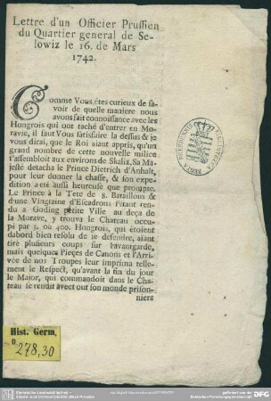 Lettre d'un Officier Prussien du Quartier general de Selowiz le 16. de Mars 1742.