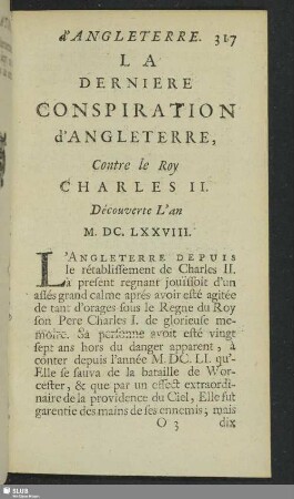 La Derniere Conspiration d'Angleterre, Contre le Roy Charles II. Decouverte L'an M.DC.LXXVIII.