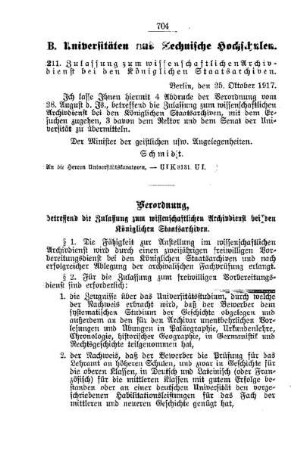 Zulassung zum wissenschaftlichen Archivdienst bei den Königlichen Staatsarchiven : [B. Universitäten und Technische Hochschulen]
