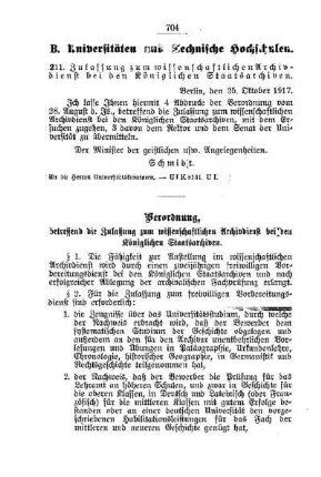Zulassung zum wissenschaftlichen Archivdienst bei den Königlichen Staatsarchiven : [B. Universitäten und Technische Hochschulen]