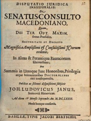 Disp. iur. inaug. de senatusconsulto Macedoniano