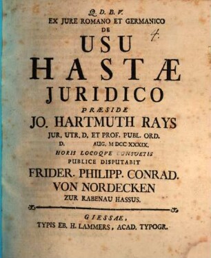 Ex jure Romano et Germanico de usu hastae iuridico