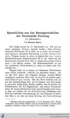 Sprachliches aus den Senatsprotokollen der Universität Freiburg (Filz, Beifils).