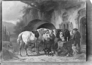 Wagen und Pferde vor einem Gasthaus