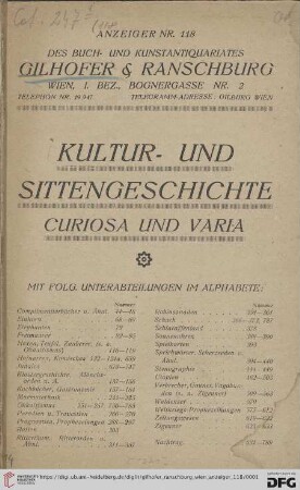 Nr. 118: Anzeiger ... des Kunstantiquariats Gilhofer & Ranschburg, Wien: Kultur- und Sittengeschichte
