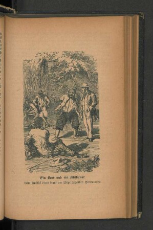 Ein Boer und ein Missionar beim Anblick eines krank am Wege liegenden Hottentotten.