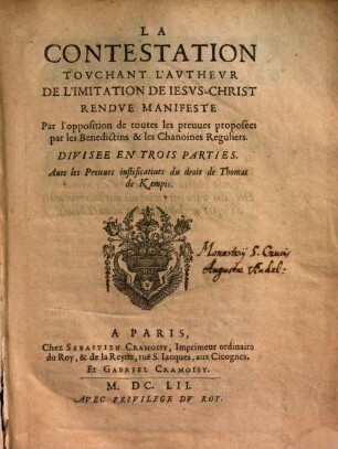 La Contestation touchant l'autheur de l'Imitation de Jesus-Christ