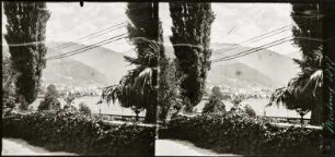 Clarens, Blick vom Hôtel Roy auf den Hotelgarten und auf Montreux