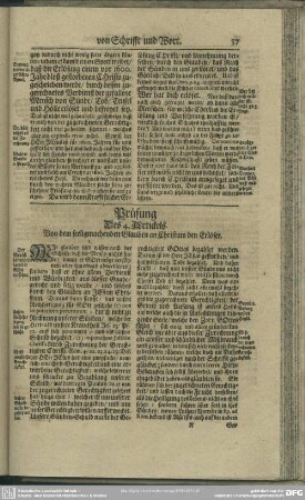 Prüfung Des 4. Artickels. Von dem seeligmachenden Glauben an Christum den Erlöser