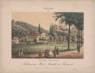 Das Bad (Kaltwasser-Heilanstalt) in Tharandt mit der Bergruine und Stadt- und Bergkirche im Hintergrund