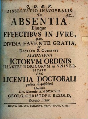 Dissertatio inauguralis de absentia, eiusque effectibus in iure