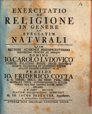 Exercitatio De Religione In Genere Ac Speciatim Natvrali