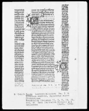 Johannes Andreae, Apparatus super Clementinas — Zwei Initialen G(ravi) mit Drolerien, Folio 41recto