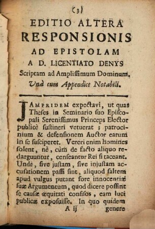 Editio altera responsionis ad Epistolam a Lic. Deniis scriptam