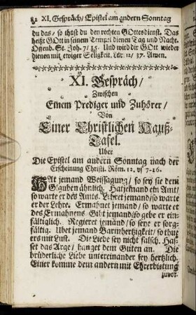 XI. Gespräch. Von Einer Christlichen Hauß-Tafel. - XV. Gespräch. Vom Wichtigsten Lauff und Kampf.