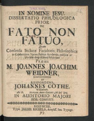 Dissertatio Philologica ... De Fato No Fatuo
