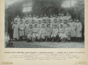 Teilnehmer (ca. sechsunddreissig Personen) am Lehrkurs der Infanterie-Schiessschule Spandau vor Fachwerk-Gebäude teils stehend, teils sitzend