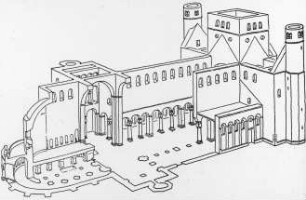 Hildesheim, St. Michael, ehem. Benediktiner-Klosterkirche, Rekonstruktion des ersten Baus nach Fertigstellung um 1022, Schnitt, von Südwesten