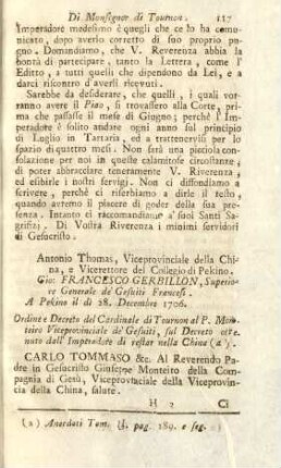Ordine e decreto del Cardinale di Tournon al P. Monteiro, Viceprovinciale de' Gesuiti, sul decreto otre nuto all' imperadore di restar nella China