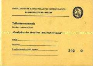 Teilnehmerausweis für den Kurs "Geschichte der deutschen Arbeiterbewegung" (blanko)
