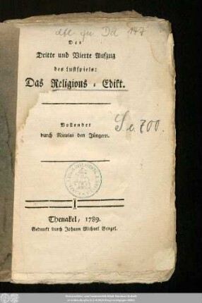 Der Dritte und Vierte Aufzug des Lustspiels: Das Religions-Edikt